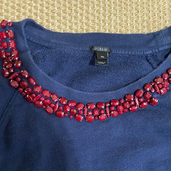J. CREW Navy Sweatshirt with Burgundy Jewel Collar - Size XL - Picture 3 of 5